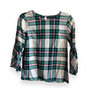 J. Crew Mercantile Flannel Bell-Sleeve Top Blouse Green Pink Navy Size 0
